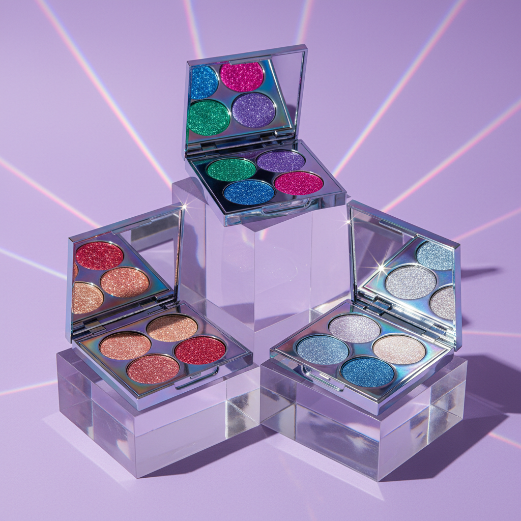 Three holographic chrome quad eyeshadow palettes in neon jewel, solar flare and arctic frost editions on acrylic with purple background