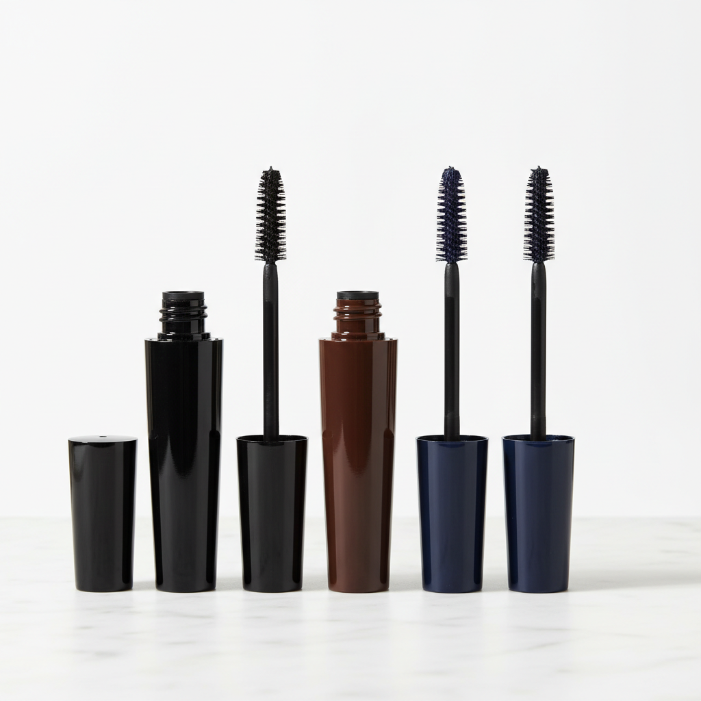Three glossy mascara tubes in jet black, deep brown and midnight navy with fan brush wands on white marble