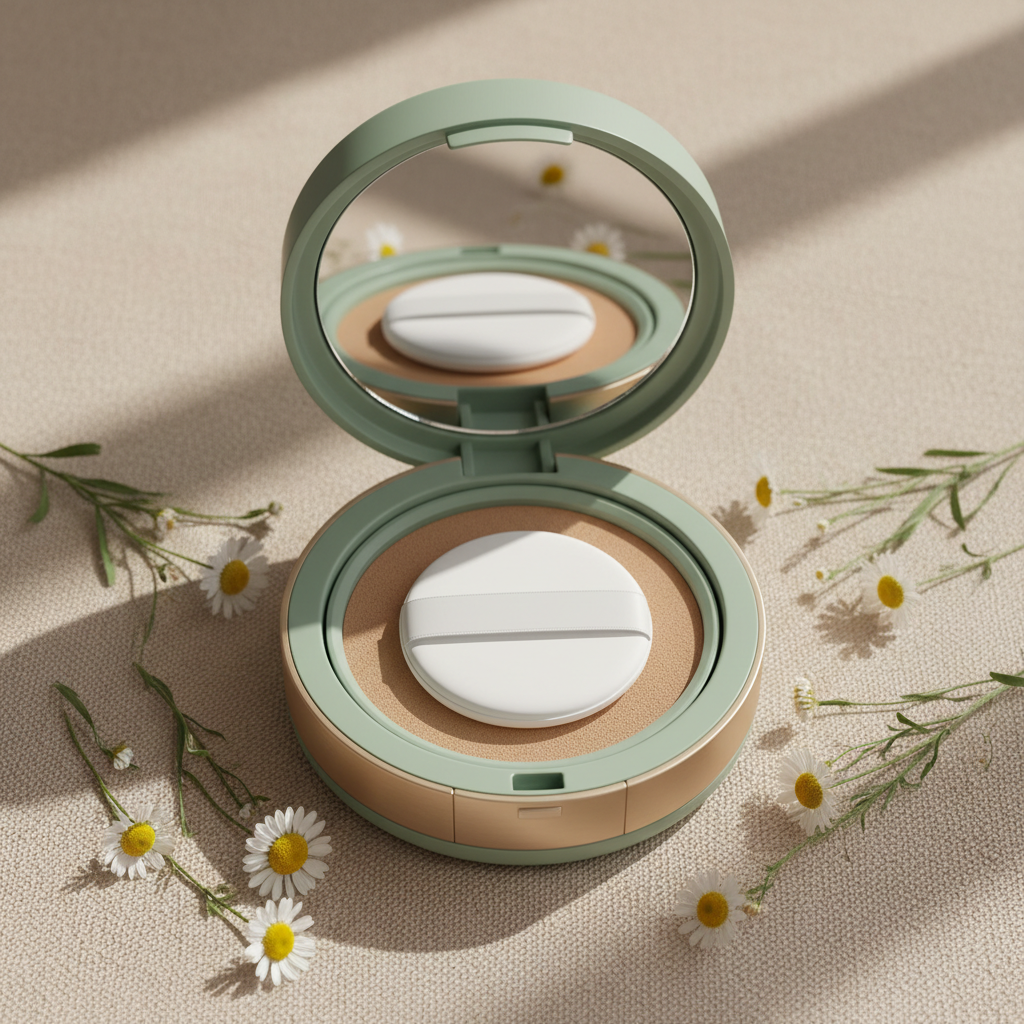 Sage green cushion compact with gold band open showing sand beige formula and white D-handle puff on linen with daisies