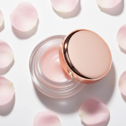 Overhead flat lay of clear glass jar with rose gold lid slightly open showing pearlescent pink primer inside with rose petals