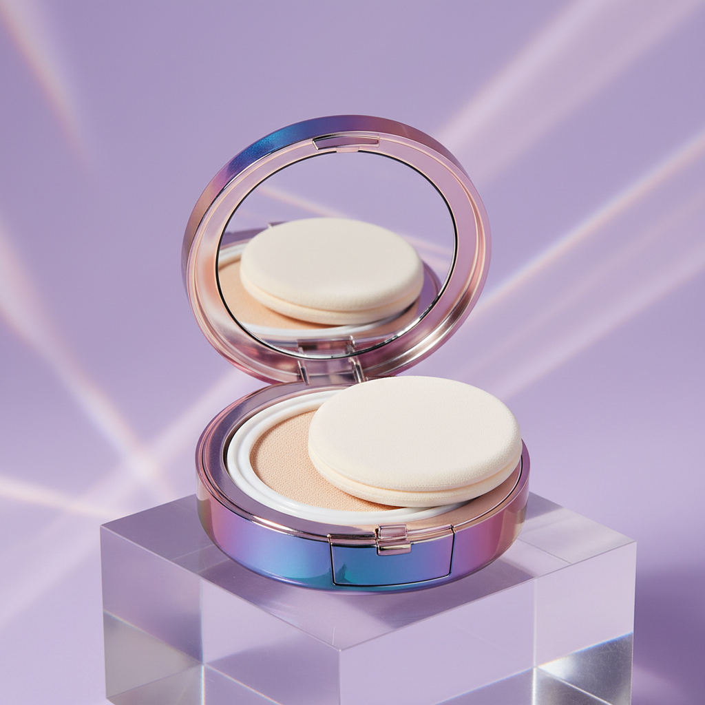 Holographic iridescent cushion compact open showing ivory beige formula and velvet puff on acrylic platform with purple background