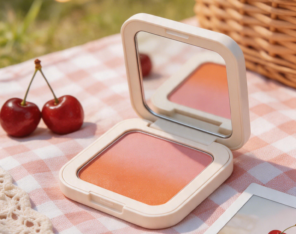 Compact mirror with blush on a checkered tablecloth with cherries and a picnic basket.