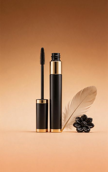 Black mascara with gold accents on a gradient brown background