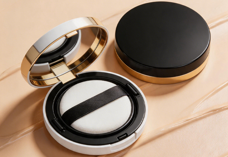 Compact powder case with gold, black, and white design on a beige background
