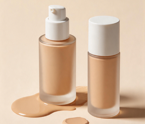 Two bottles of foundation with a beige background